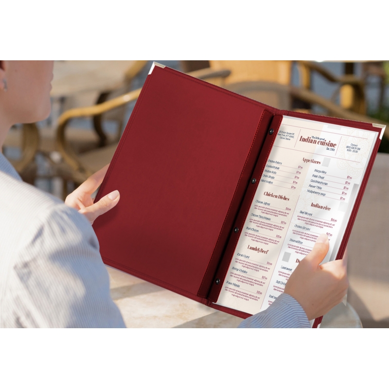 Protège-menus Rigide Format A4 - Lot De 10 - Couleur Bordeaux, Coins Métal, Facile à Nettoyer